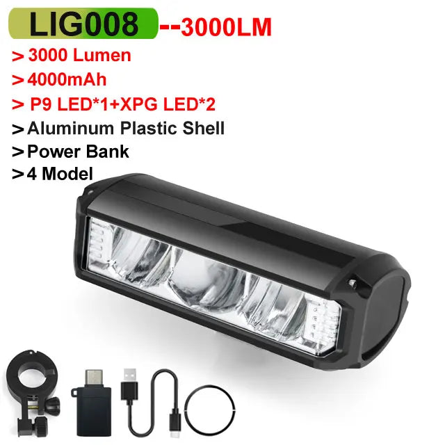 6000Lumen USB Ricaricabile Faro anteriore per bici – 8000mAh, Impermeabile, 4