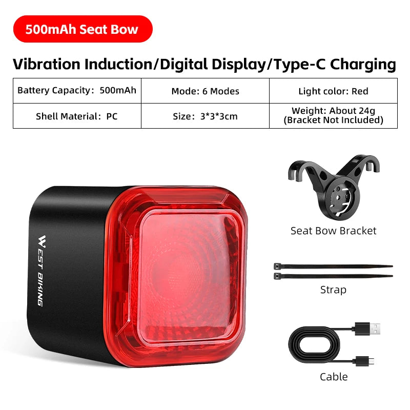 WEST BIKING Luz Traseira 1100mAh – Sensor de Travão, Arranque/Paragem Automáticos, IP55